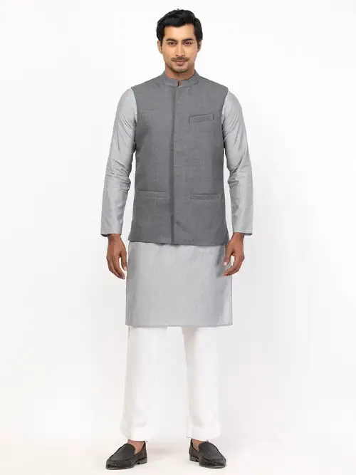 Grey Cotton Slim Fit Panjabi Pajama Coaty Set